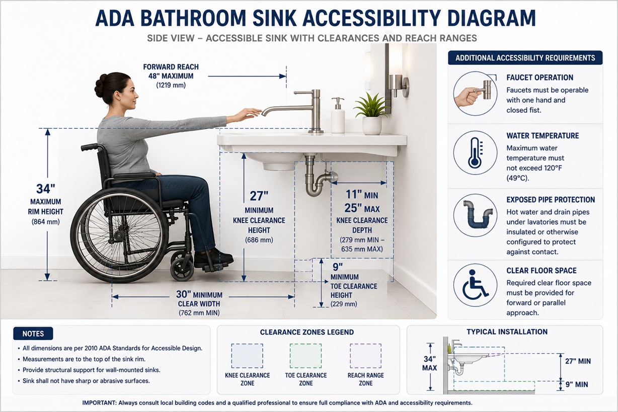 ADA bathroom sink accessibility diagram showing wheelchair access, rim height, knee clearance, toe clearance, forward reach, faucet operation, and exposed pipe protection requirements
